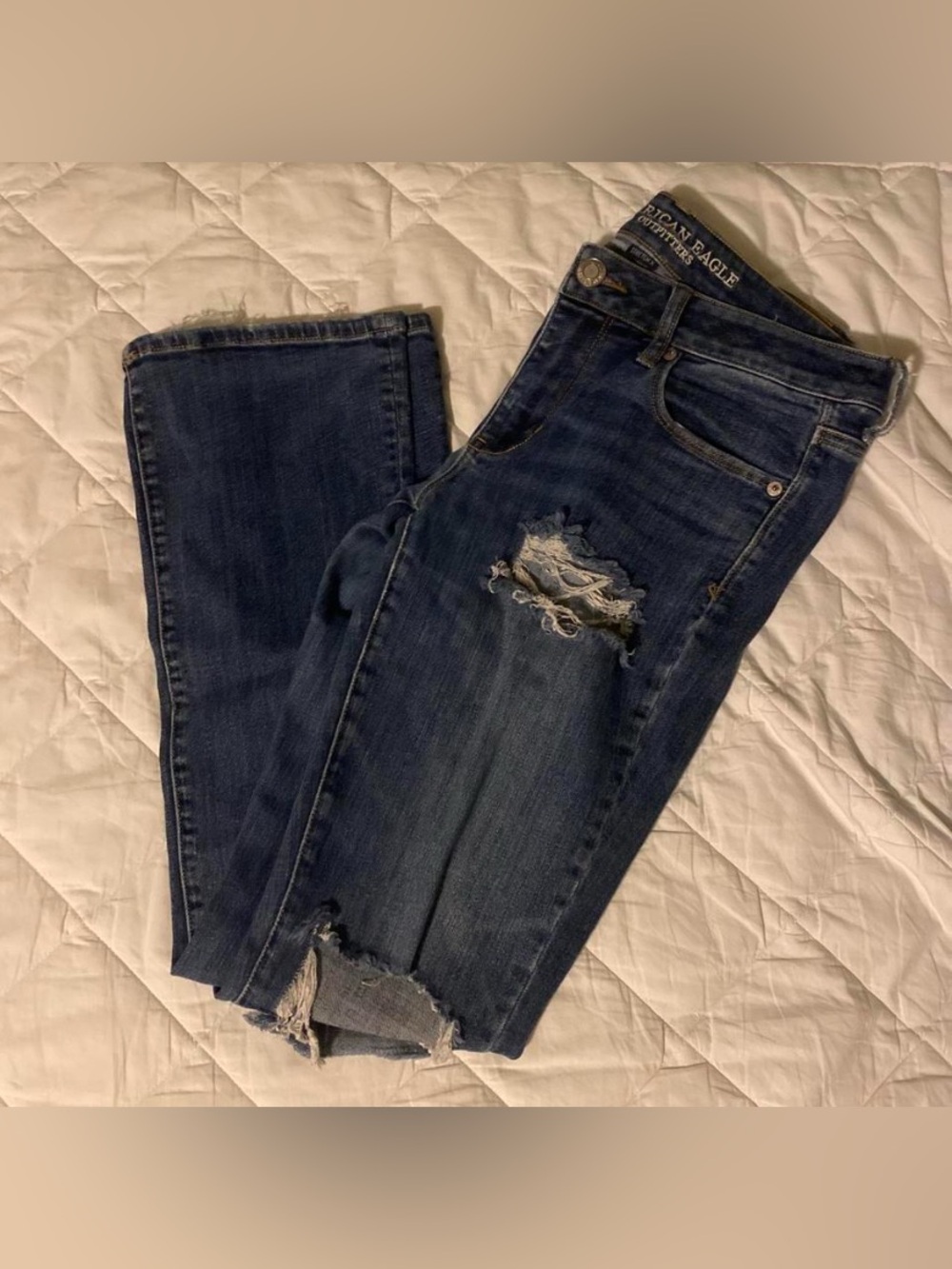 American Eagle dark wash distressed flare skinny kick jeans